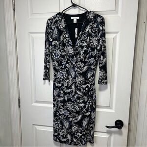 White House Black Market Navy Black & White Floral Faux-Wrap Midi Dress